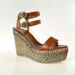 Coastal Boho | Castaner for Anthropologie Basketweave Woven Wedge | Teal Cognac